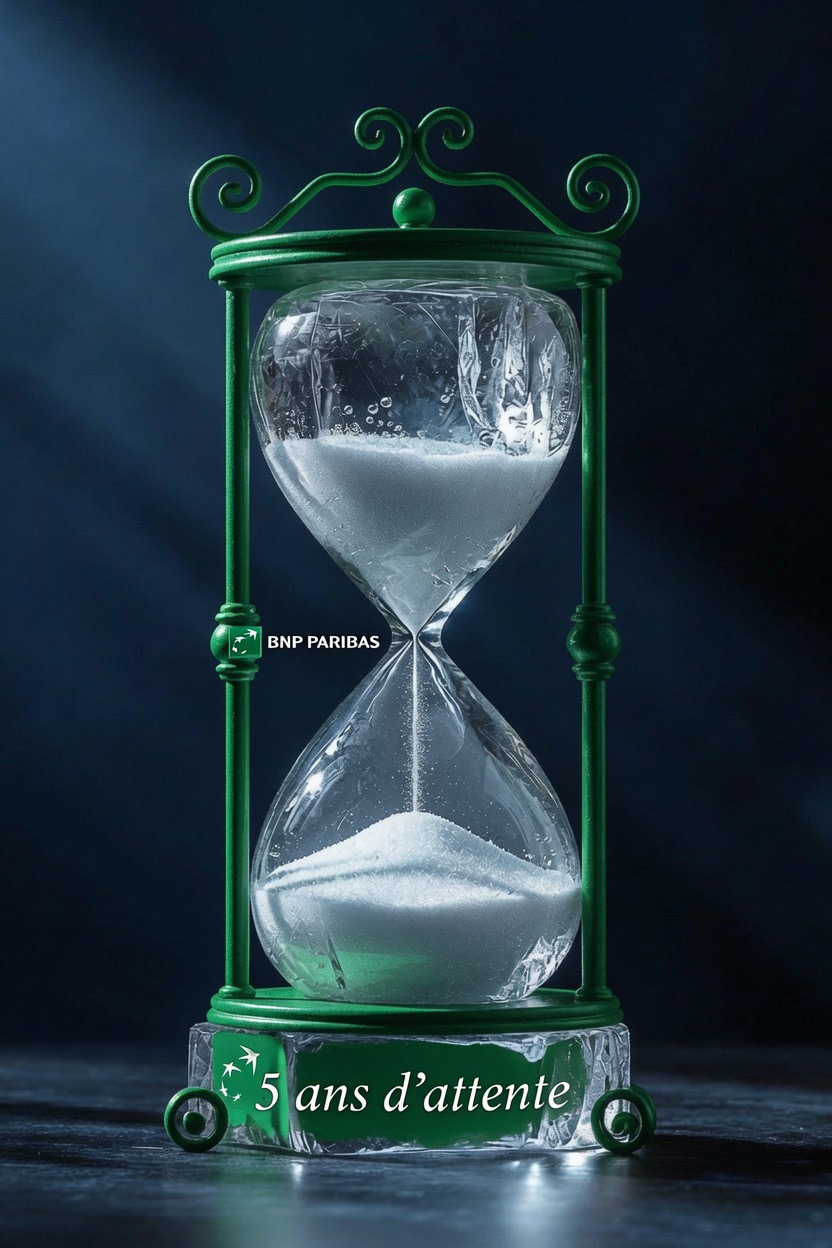 Green BNP Paribas hourglass labelled « 5 ans d'attente », symbolising five years of frozen fund liquidity