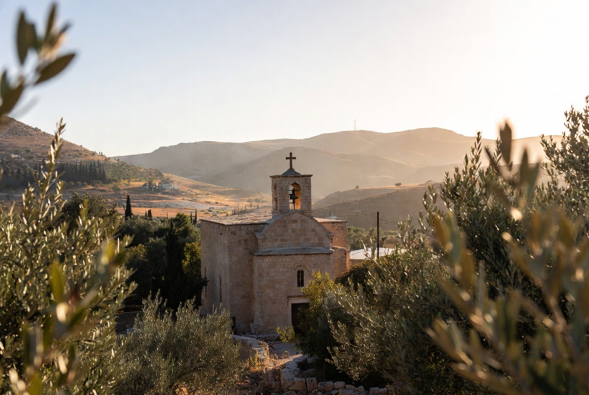 Ancient stone church with a cross in a Galilee landscape, olive trees, golden light