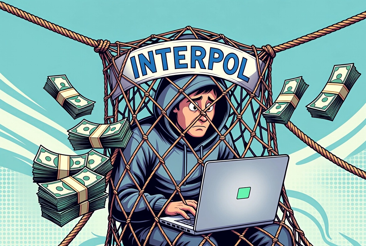 Humorous illustration: a hooded scammer caught in a net labelled INTERPOL, bundles of cash escaping