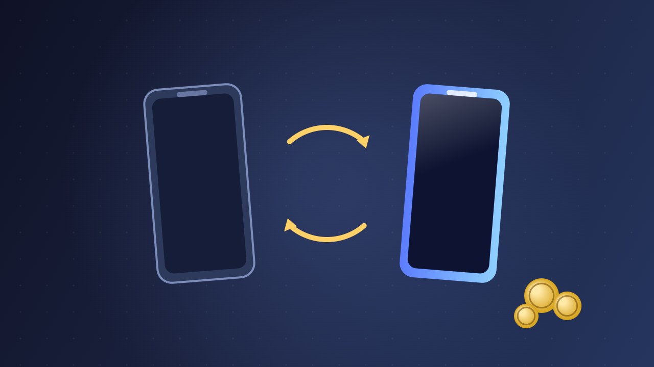 Illustration: old smartphone being exchanged for a new one with trade-in arrows and coins