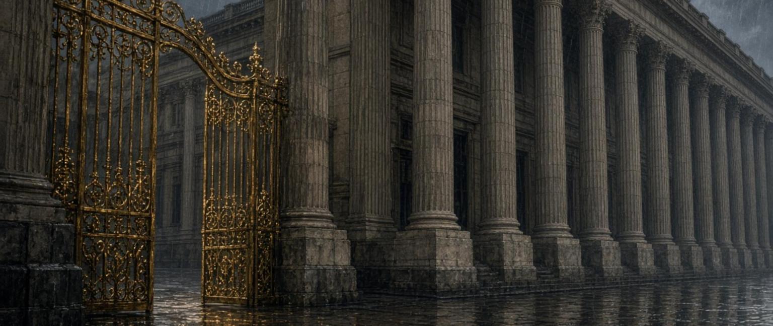 Colonnade of a Paris courthouse in the rain behind a gilded wrought-iron gate