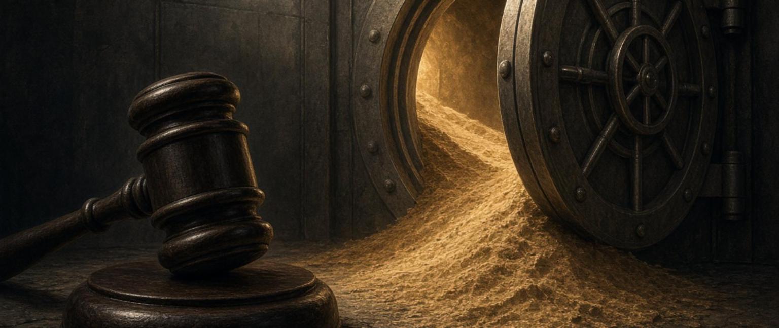 Judge's gavel in front of a bank vault spilling desert sand