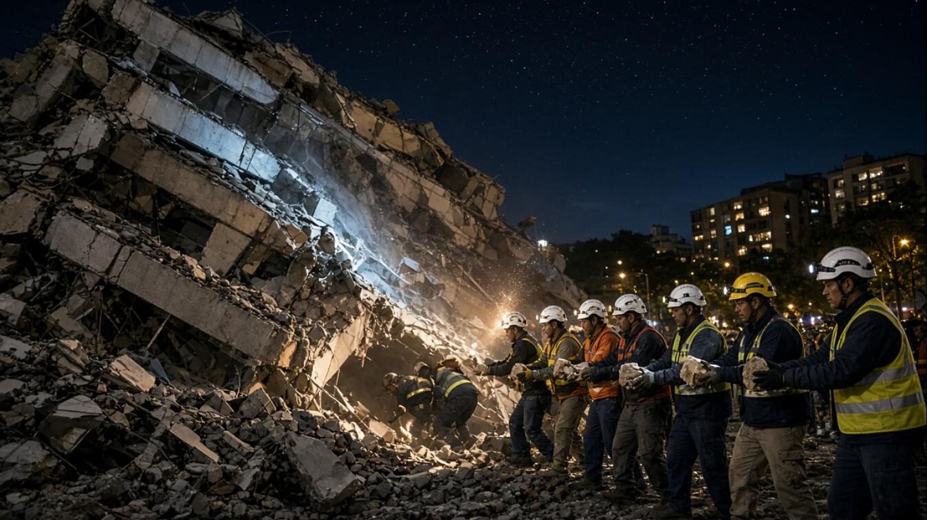 Rescue workers form a chain at night under floodlights beside a collapsed building after the Colombia earthquake