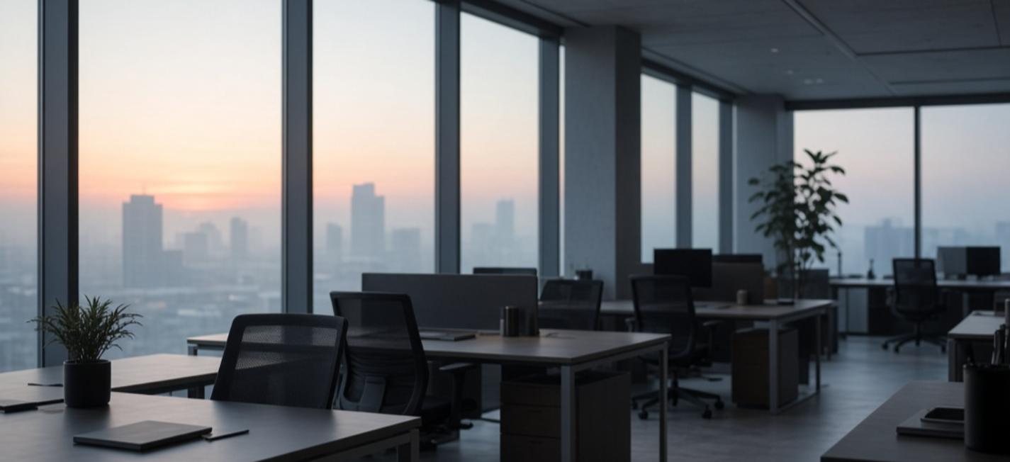 Empty modern open-plan office at dawn overlooking a city skyline, symbolizing a cooling US labor market