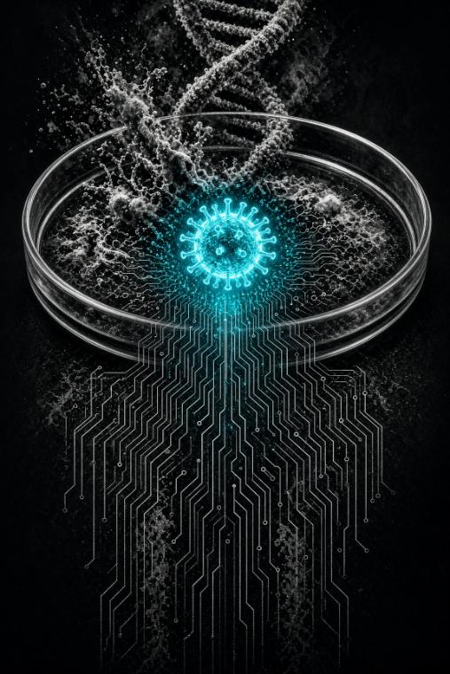 Petri dish and DNA morphing into circuit lines with a glowing cyan virus