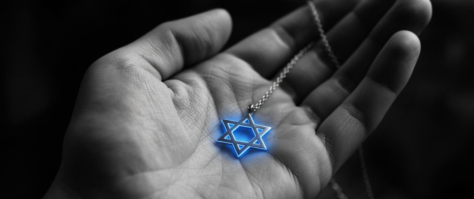 Blue Star of David glowing against a black-and-white background, symbolizing democratic vigilance against antisemitism