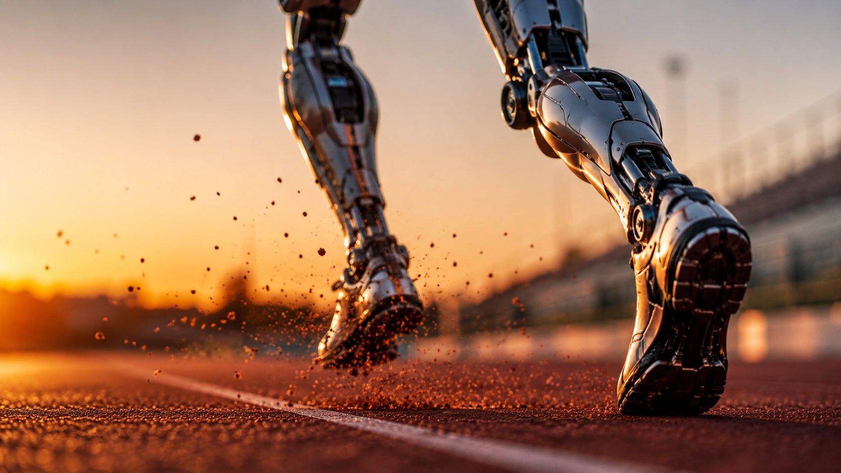 Close-up of a humanoid robot's metallic legs sprinting on an athletics track at dusk — AI-generated image