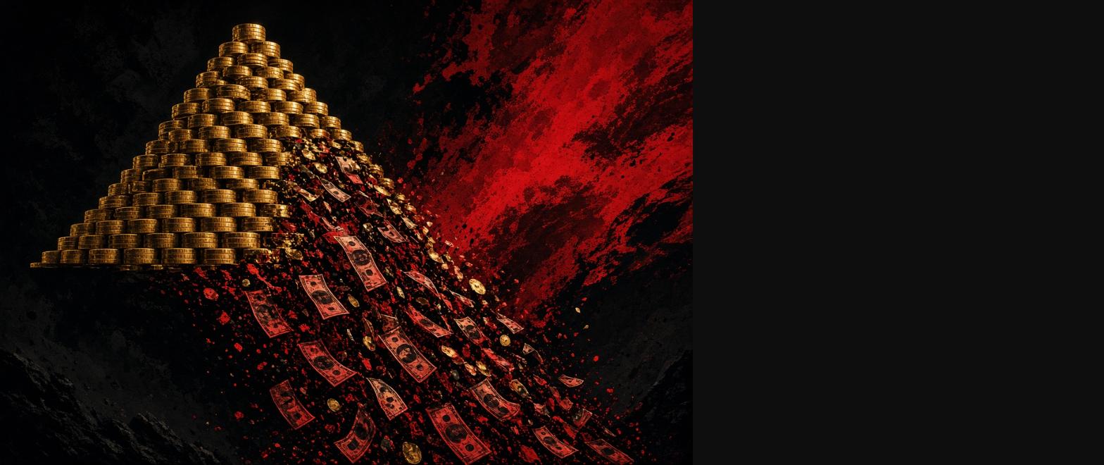Conceptual illustration: pyramid of coins collapsing into falling banknotes (Ponzi scheme)