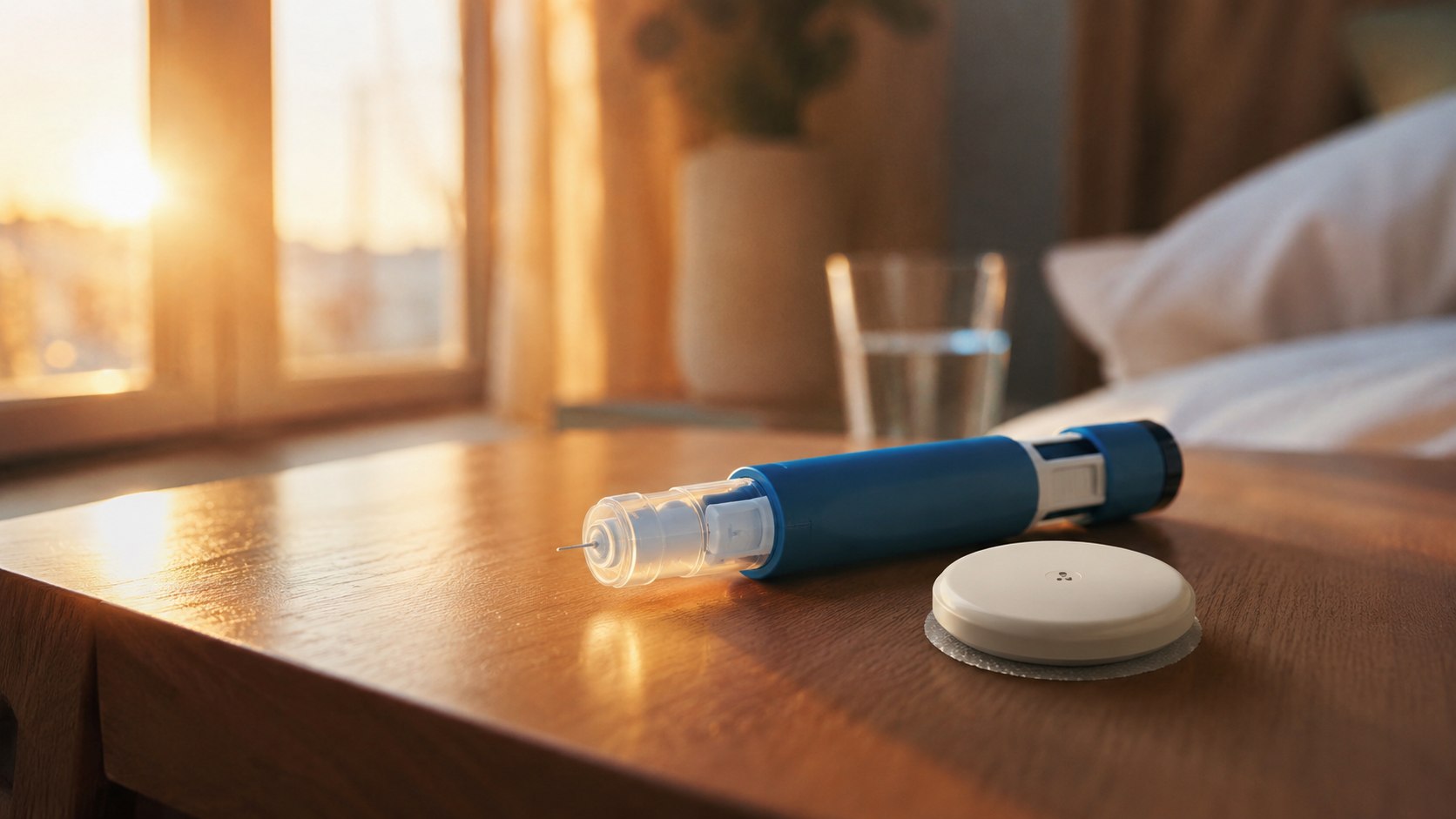 Insulin pen and glucose sensor on a bedside table at sunrise, symbolizing hope beyond injections for type 1 diabetes