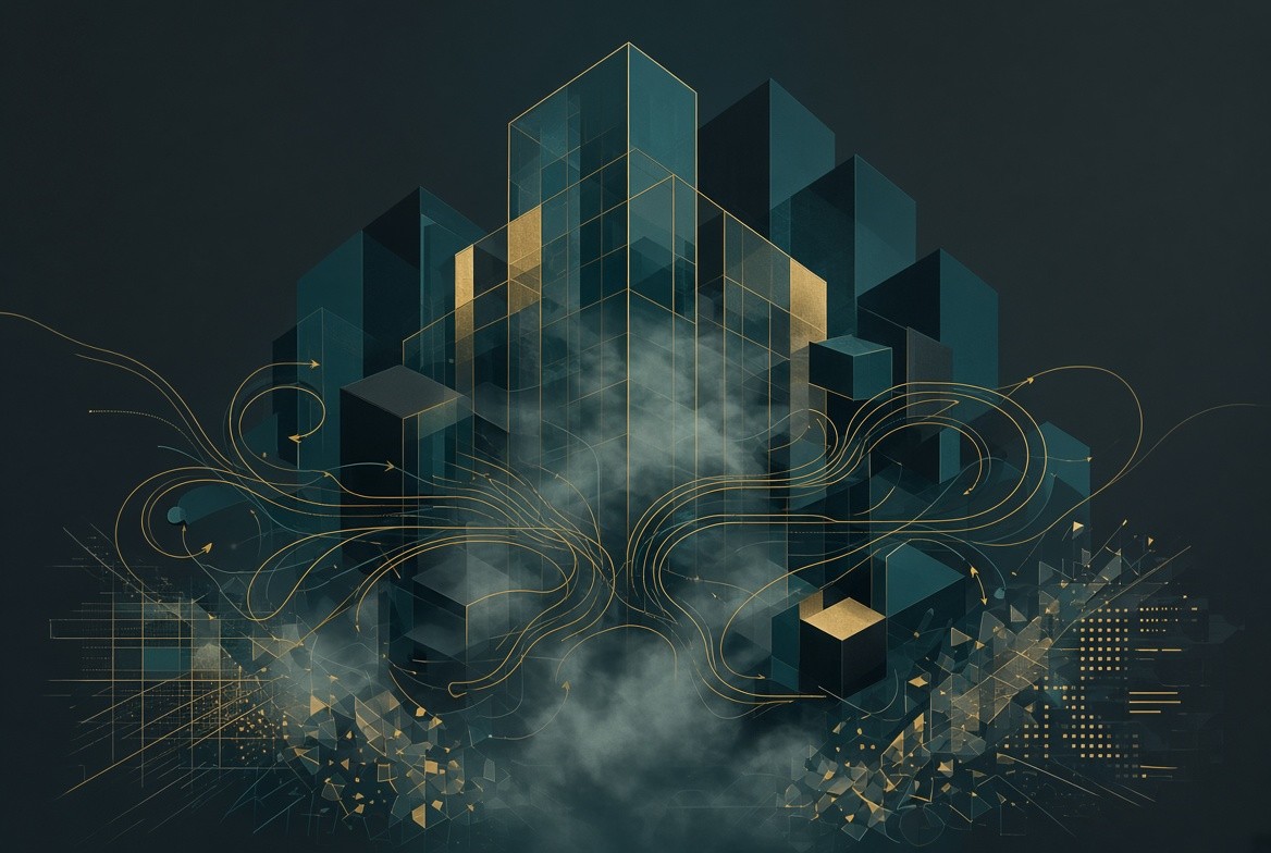 Conceptual trichrome illustration: glass towers, looping loan flows and financial opacity