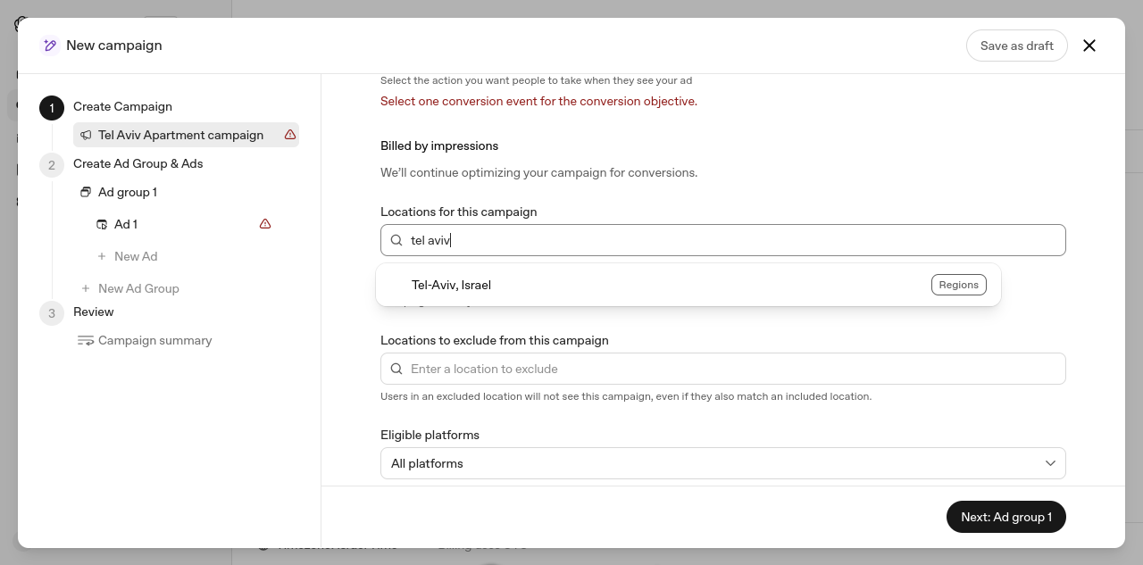 Screenshot of OpenAI Ads Manager (beta), New campaign, locations field: typing "tel aviv" displays "Tel-Aviv, Israel" (Regions).