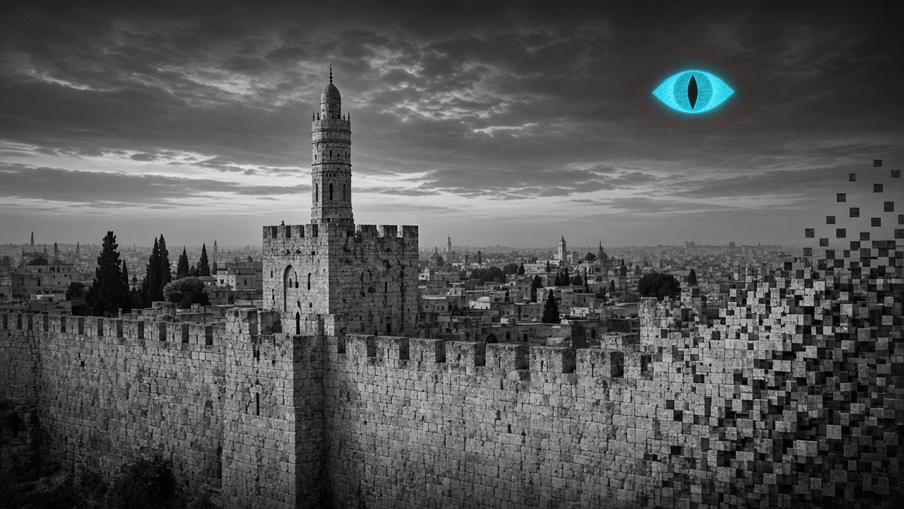 An AI eye pixelating and erasing the walls of Jerusalem