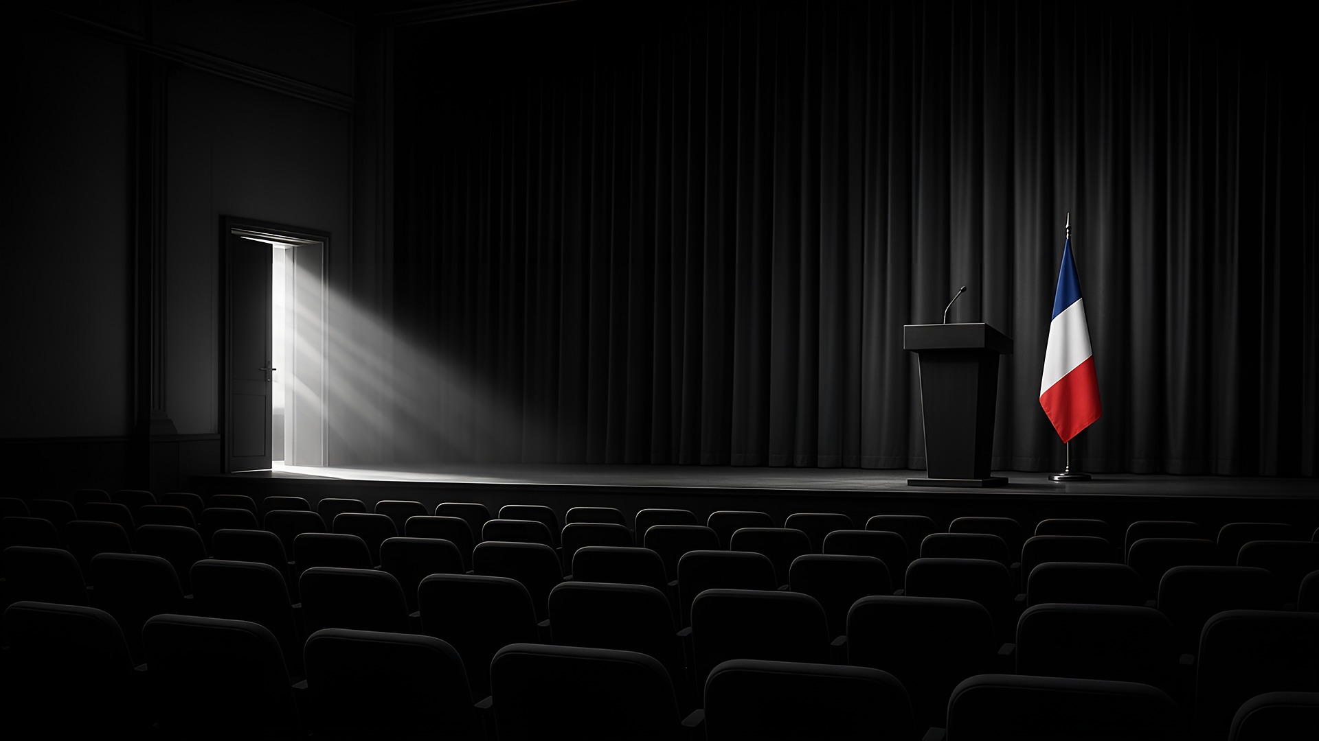 Empty meeting hall in black and white, a lectern and a French tricolour flag as the only colour