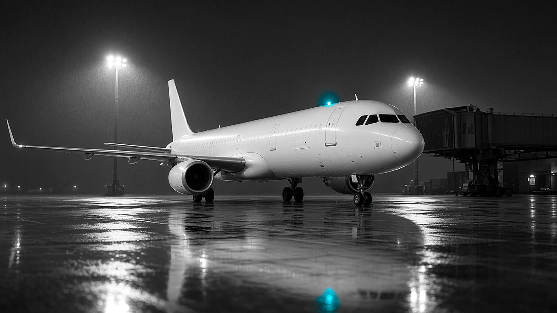 Unmarked white airliner on a rain-soaked night apron under floodlights, its anti-collision beacon glowing cyan, clear black-and-white photograph