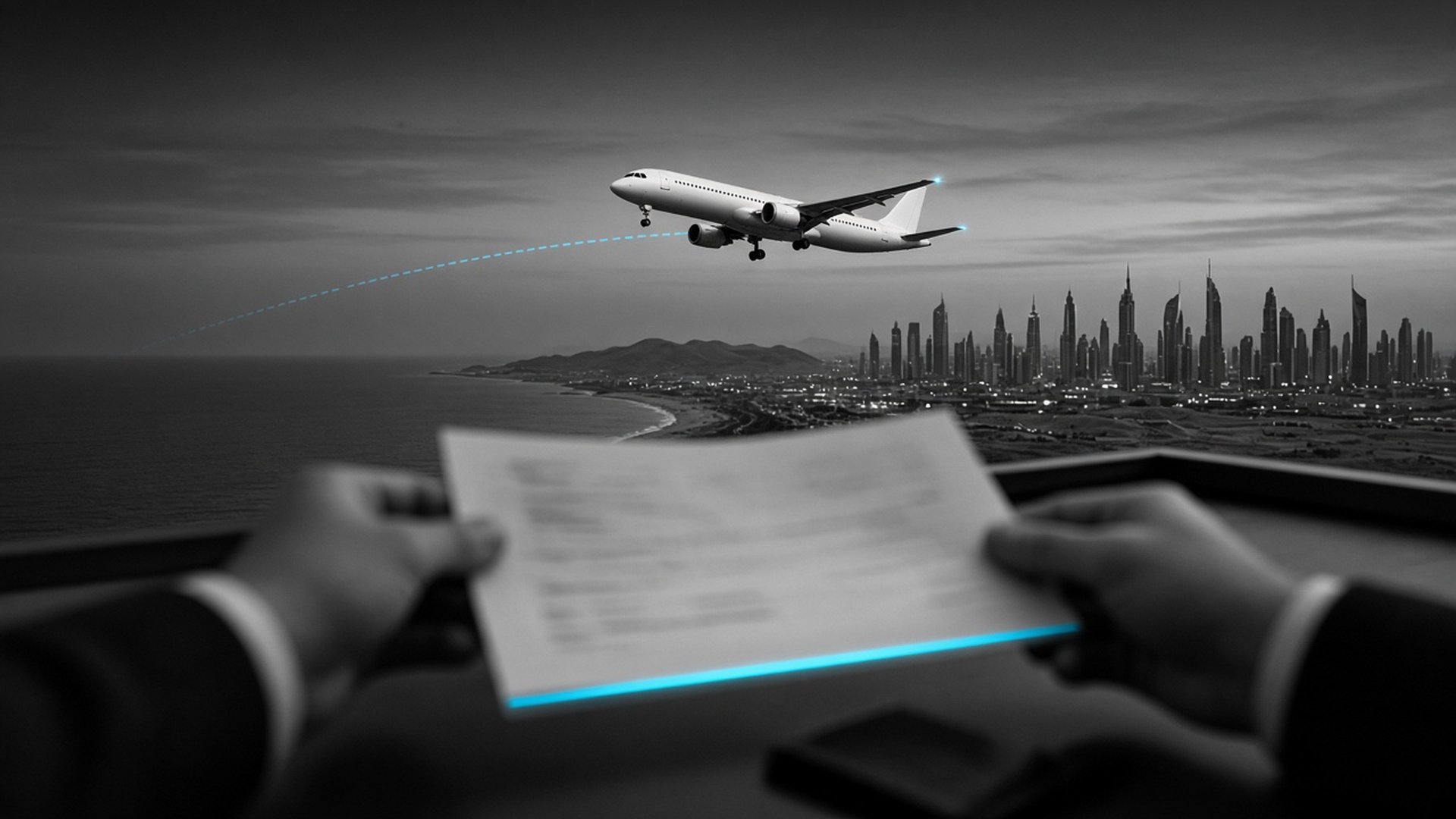 Unmarked passenger jet over a Gulf coastline at dusk with cyan navigation lights; blurred manifest passed between anonymous hands