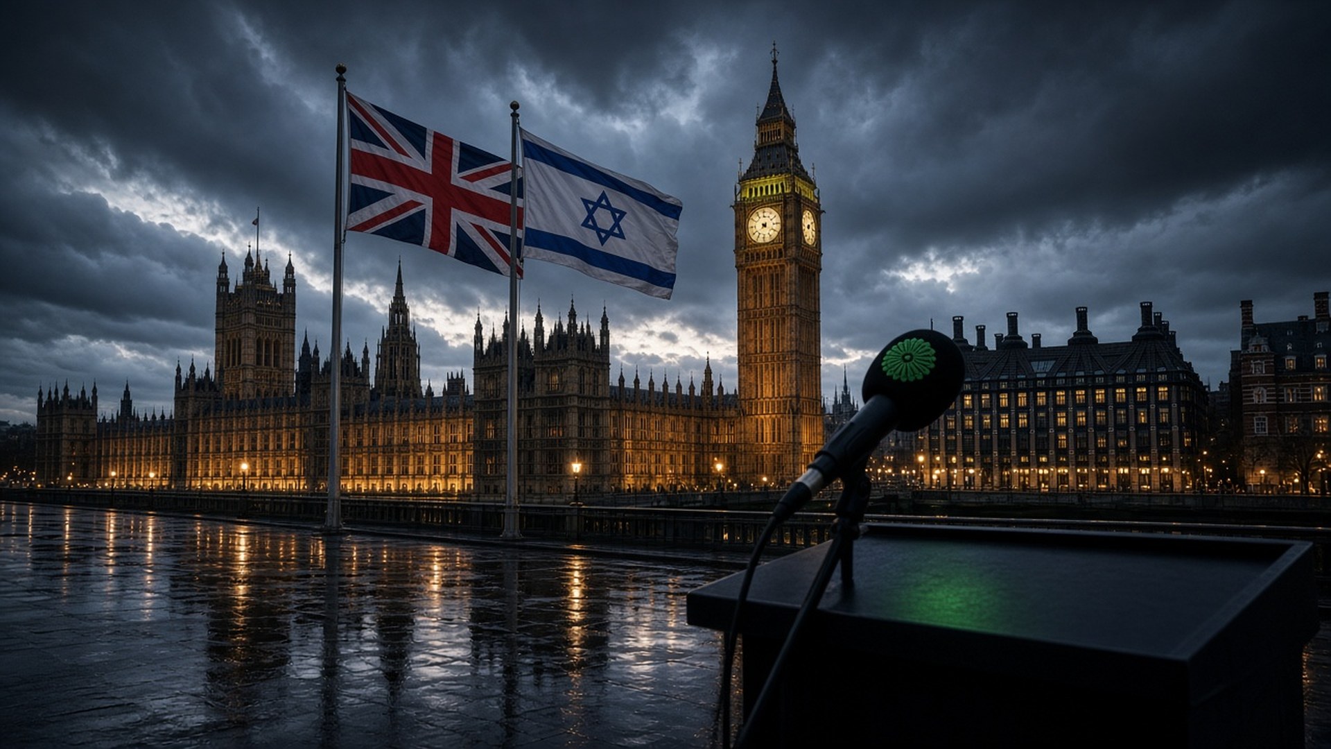 Greyscale Union Jack split by a vertical crack, a cyan Star of David glowing on the right half