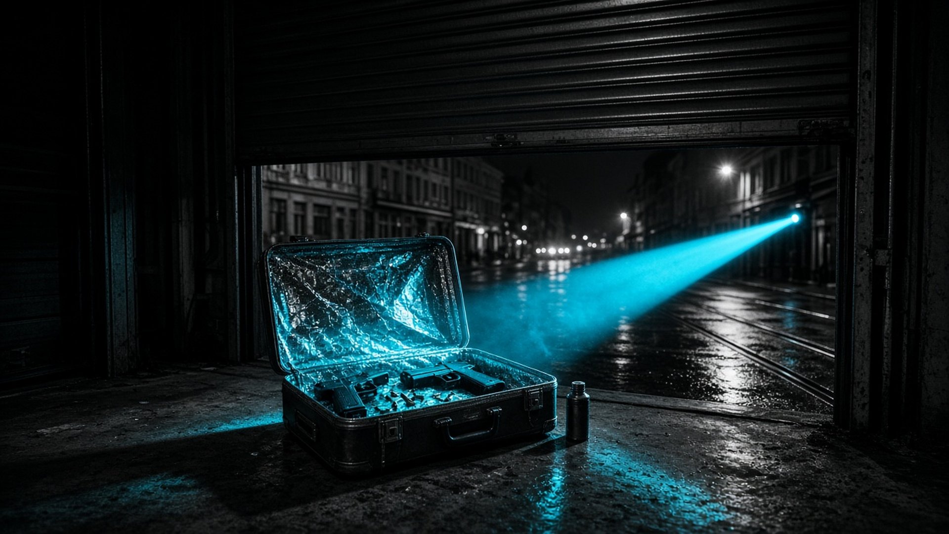 Open suitcase lined with foil in a dark storage unit, cyan flashlight beam cutting through shadow, high-contrast black and white